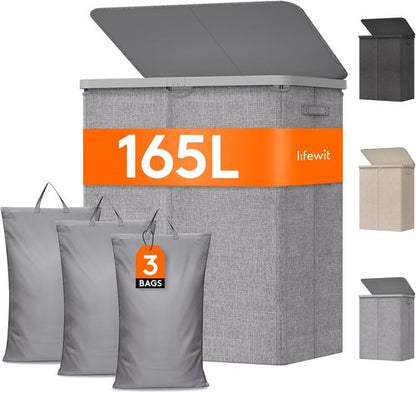 Lifewit 165L Large Laundry Basket - Foldable Hamper with Lid & Removable Bag | Light Gray