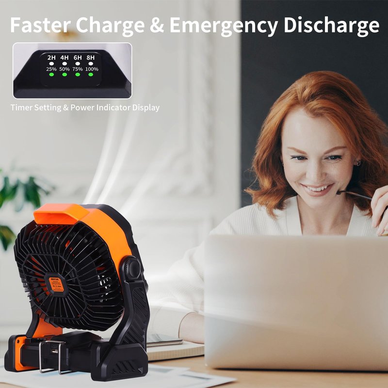 WESTTREE 20000mAh Battery powered fan Camping Fan essentials Portable fan Battery OperatedRechargeable Outdoor Tent with Light & Hook Personal USB Desk for Camping,Orange