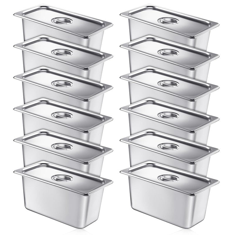 Mifoci 12 Pack Stainless Steam Hotel Pan with Lid, 1/3 Size x 6 Inch Deep Restaurant Supplies Reusable Anti Rust Steam Water Pan for Home, Party, Restaurant, Hotel, Buffet