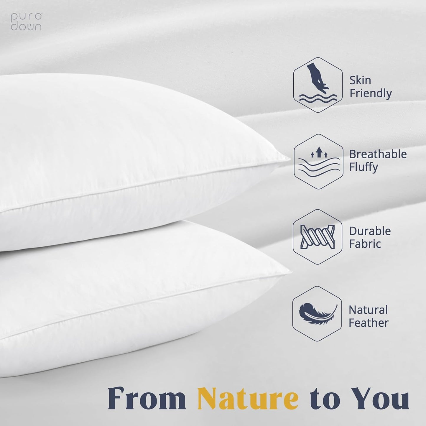 Puredown® King Size Goose Feather & Down Pillows - Soft Cotton Cover, Set of 2 for Ultimate Comfort