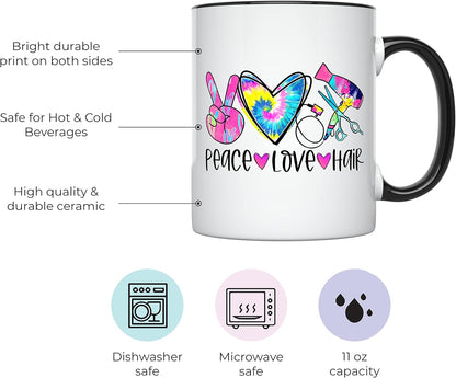 YouNique Designs Peace Love Hair Stylist Coffee Mug, 11 Ounces, Black Handle Mug for Hairdressers