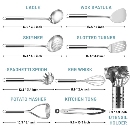 Pleafind Stainless Steel Cooking Utensils Set, 9 Pcs Heat Resistant Kitchen Utensils Set, Nonstick Kitchen Tools Set With Utensil Holder, Metal Spatula Set for Chef, Dishwasher Safe