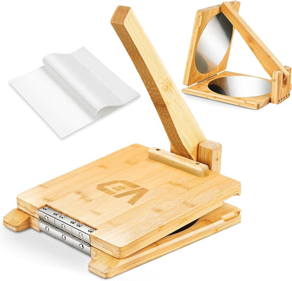 Wooden Tortilla Press, 10 inch Roti Maker and Tortilladora with Stainless Steel Patch, Tortilla Maker Press with 50 Pcs Parchment Paper and Recipes eBook, Heavy Duty Prensa Para Tortillas for Kitchen