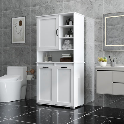 Tall Laundry Cabinet with Double Tilt Out Laundry Hamper, Freestanding Floor Bathroom Cabinet with 12 * 2 Gallon Laundry Storage Basket for Bathroom, Kitchen, White