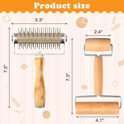 WarmHut 2Pcs Pizza Dough Roller & Dough Docker, Wood Rolling Pin Stainless Steel Dough Hole Puncher for Pizza, Pie, Pastry, Bread, Pasta, Cookie, Crust, burlywood, JKUS20407