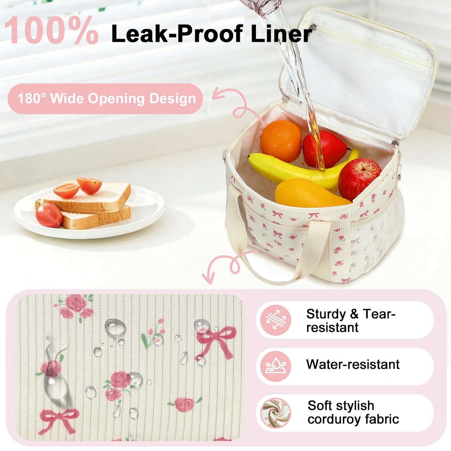 BTOOP Insulated Lunch Bag for Women, Cute Leakproof Lunch Tote, Large Capacity Aesthetic Lunch Box Bag with Shoulder Strap for Work, School, Picnic Pink Bow Floral