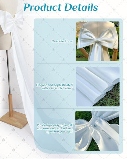 Chuarry Extra Long 67" Satin Bow for Christmas Tree, Detachable Train Removable Sweep Train Waist Sash Belt for Dress(White,Satin Style)