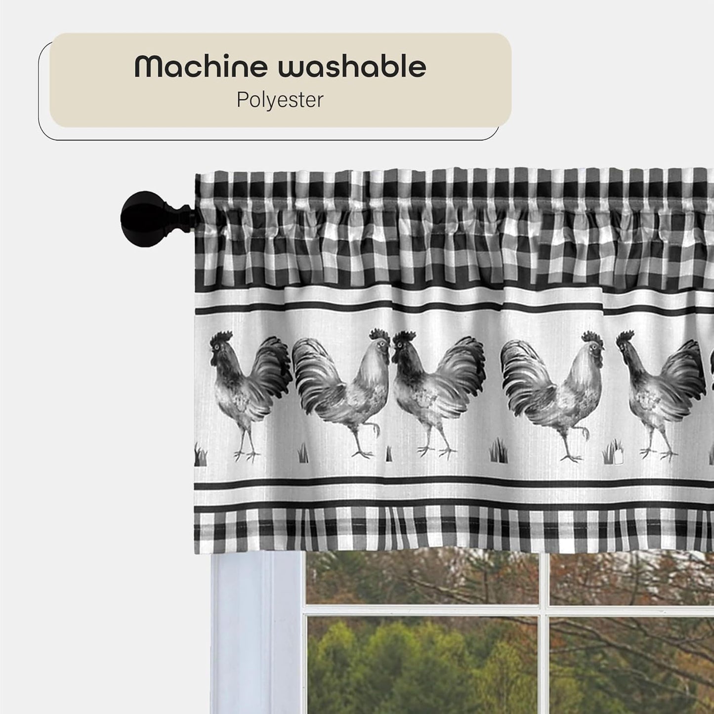 Light Filtering Printed Tier & Valance Window Curtain Set - 58 Inch Length, 24 Inch Width - Barnyard (Black), Machine