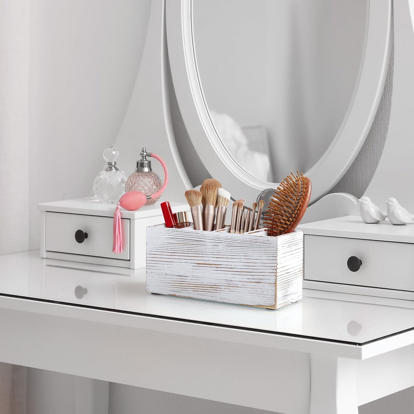 Pencil Pen Holder for Desk, White Washed Wood Office Desk Organizers and Accessories with 4 Slots for Countertop, Makeup Brush Holder Organizer for Bathroom Vanity, Silverware Caddy for Party