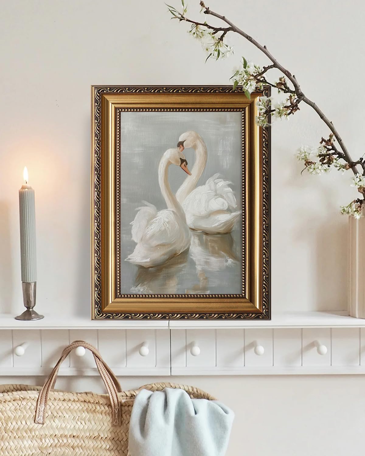12x16 KBKBART Vintage Framed Wall Art for Living Room, Farmhouse White Swan Vintage Painting Canvas Wall Art Prints