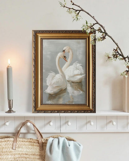 12x16 KBKBART Vintage Framed Wall Art for Living Room, Farmhouse White Swan Vintage Painting Canvas Wall Art Prints