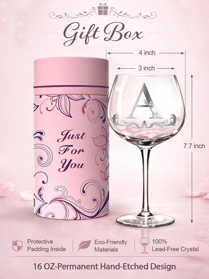 Mothers Day Gifts for Mom, Grandma, Wife - Personalized Initial A-Z Wine Glass Gifs for Women - Unique Birthday Gift for Her, Sister, Best Friend - 16oz Elegant Custom Monogram Glass (Letter A)