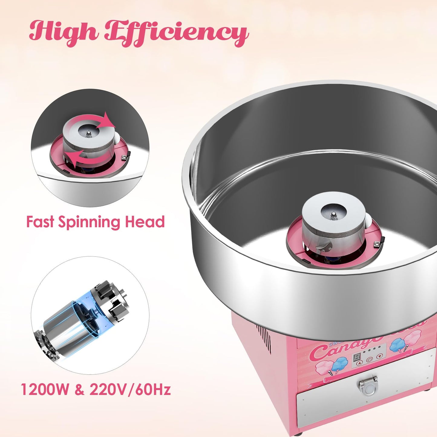 Garvee Candy Cotton Machine for Kids, Electric Commercial Candy Cotton Maker with 20 in Stainless Steel Bowl for Home Family Party Festival Pink