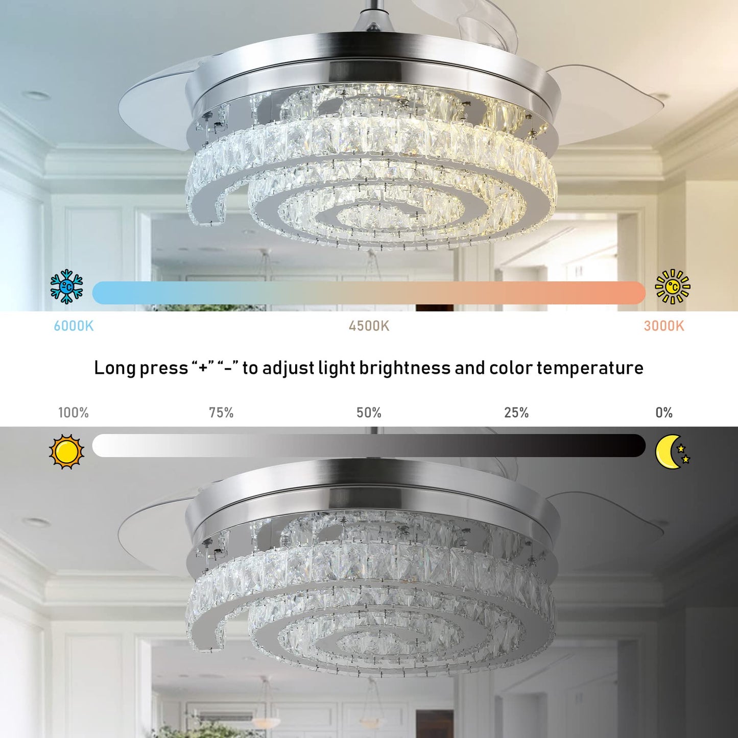 FRIXCHUR 42" Crystal Chandelier Ceiling Fans with Lights and Remote Dimmable Fandelier Retractable Crystal Ceiling Fans 3 Rings Invisible Blades Crystal Ceiling Fans for Bedroom Living Room 30W*2