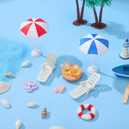 9pcs Miniature Beach Decor - Mini Umbrella Chair Table and Drinks Set for Dollhouse Furniture, Beach Cake Decorations Toppers - Micro Resin Miniature Dollhouse Accessories for Fairy Garden, Pool