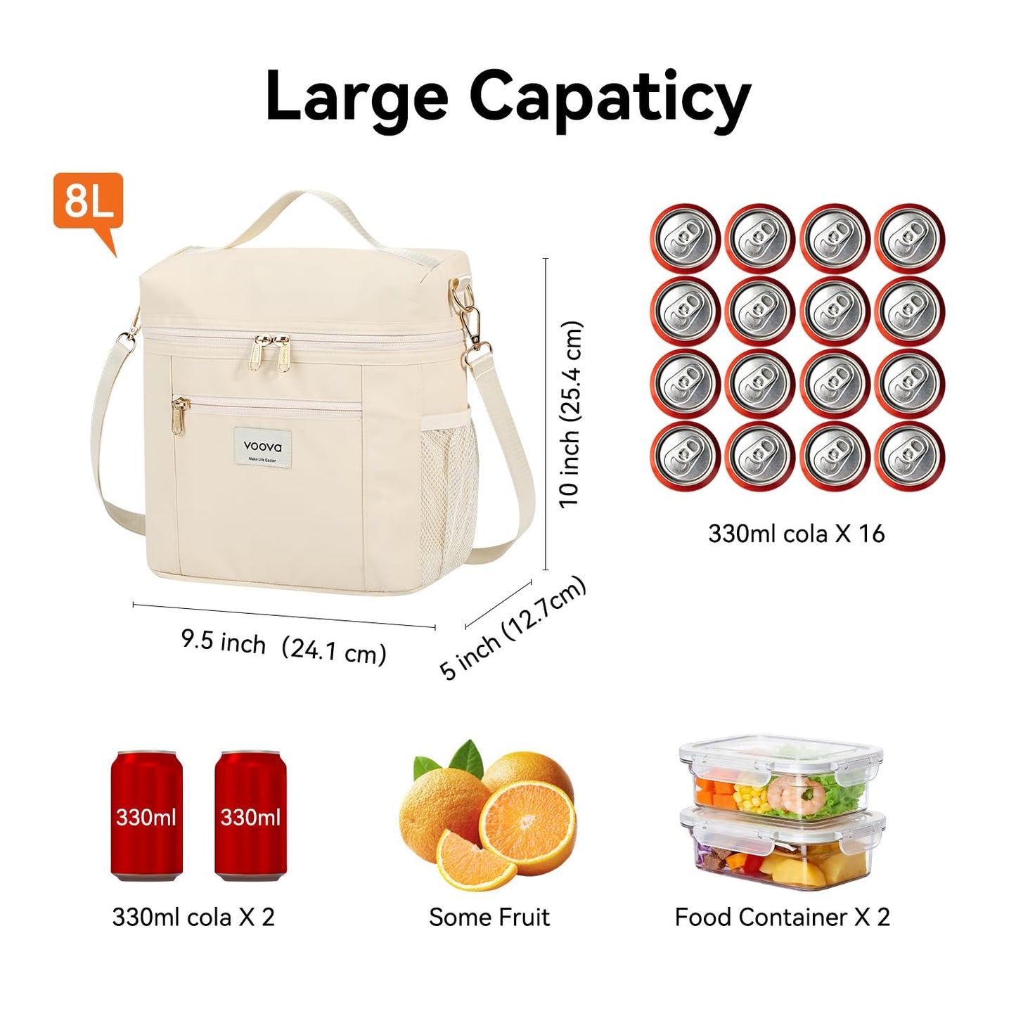 Voova Lunch Bag for Women, Insulated Lunch Box with Shoulder Strap, Adult Reusable Lightweight Nylon Waterproof Lunchbox Lunch bags for Work, Beige