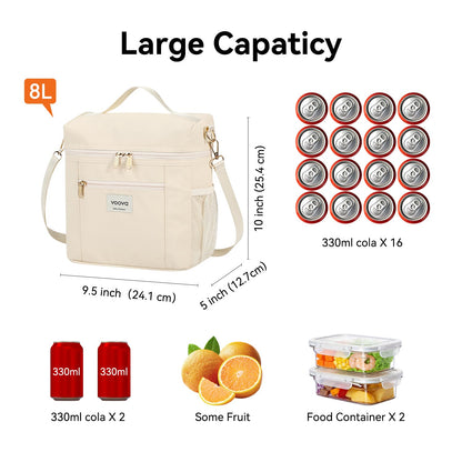 Voova Lunch Bag for Women, Insulated Lunch Box with Shoulder Strap, Adult Reusable Lightweight Nylon Waterproof Lunchbox Lunch bags for Work, Beige