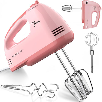 LILPARTNER Hand Mixer Electric, Ultra Power Kitchen Hand Mixer With 7-Speed & 5 Stainless Steel Accessories for Whipping Dough, Cream, Cake, Dishwasher Safe, Pink