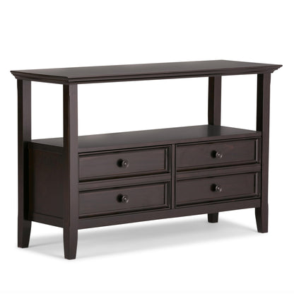 SIMPLIHOME Amherst Console Table - 48 Inch Wide Solid Wood Sofa Table in Hickory Brown, Transitional Storage Table for Entryway or Living Room with 2 Deep Drawers and Large Open Shelf