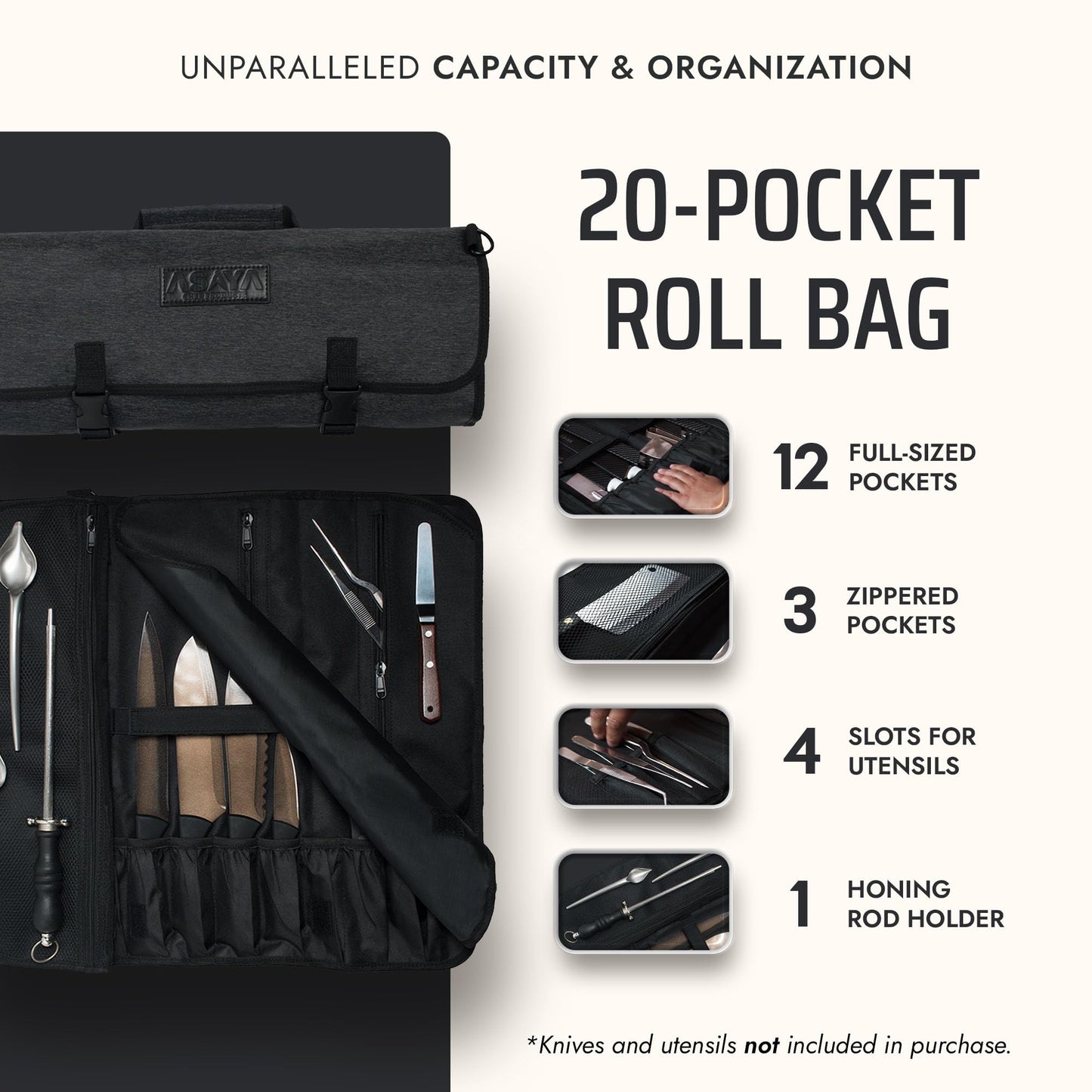 Asaya Waxed Nylon Chef Knife Roll Bag with 20 Slots and Zippered Pockets - Professional Chef Knife Bag & Storage Case, Tool Carrier with Shoulder Strap - Knives Not Included (Black)