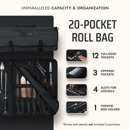 Asaya Waxed Nylon Chef Knife Roll Bag with 20 Slots and Zippered Pockets - Professional Chef Knife Bag & Storage Case, Tool Carrier with Shoulder Strap - Knives Not Included (Black)