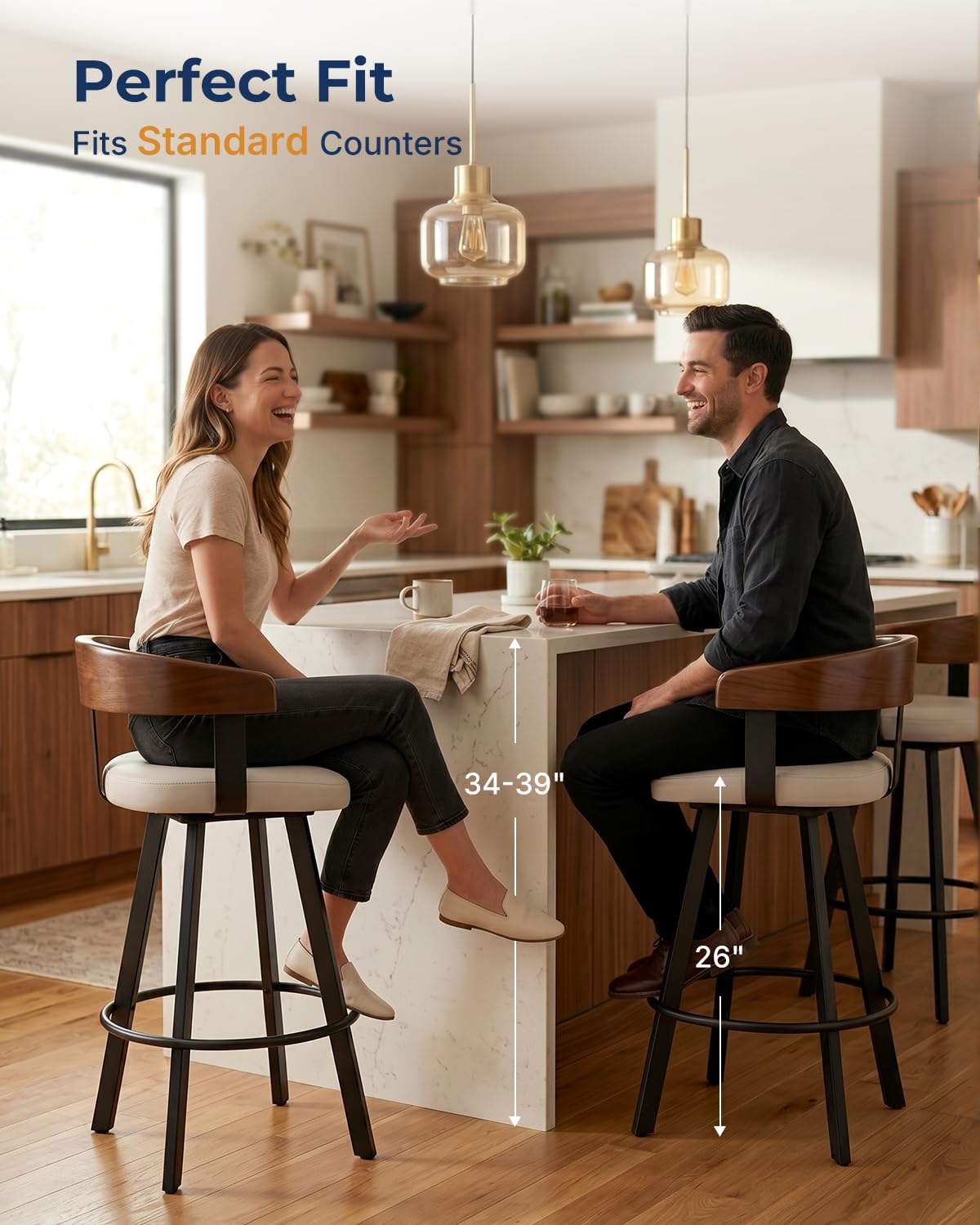 FORSPARK 350 lbs Capacity Bar Stools with Back and Cushion 26" Swivel Counter Height Bar Stools with Solid Wood Back Modern Kitchen Island Chairs with Metal Frame 360°Barstools Dining Room Grey Black