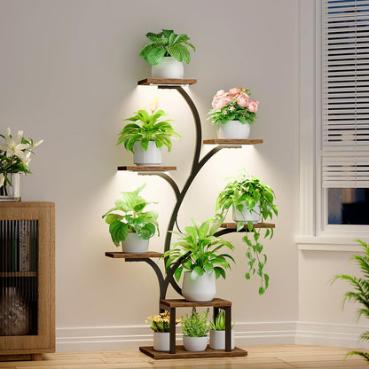 BACEKOLL Plant Stand Indoor with Grow Lights, 7 Tiered Indoor Plant Shelf, 49" Corner Plant Stands for Indoor Plants, Metal Plant Flower Display Shelf, Tree-Shaped Plant Rack for Home, Patio, Brown