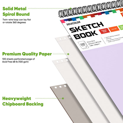 Soucolor 9" x 12" Sketch Book, 2 Pack School Art Supplies Gifts for Girl, Birthday Gifts for Women, Thank You Gifts, Stocking Stuffers,200-Sheets Each (68lb/100gsm) Purple Drawing Notebook for Kids