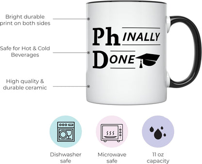 YouNique Designs Phinally Done 11 Ounces PhD Graduation Mug, Funny Doctorate Graduation (Black Handle)