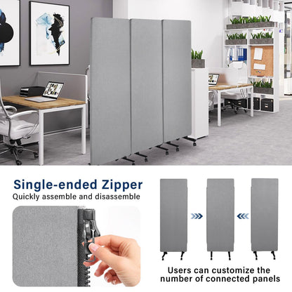 72" X 66" Partition Room dividers, 3 Panel Sound Proof Dividers for Office Partitions, Room Divider Privacy Panel with Wheels, Portable Temporary Wall for Office, Studio, School, Hospital(Light Gray)