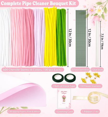 Pipe Cleaner Flower Kit Pink, 600PCS Pipe Cleaners Bulk for Flowers, Pipe Cleaners Craft Set, Chenille Stems Flower Making Kit with Floral Wires, Tape, Glue Sticks, Stamen, Wrapping Paper, Ribbon Card