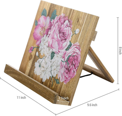 MyGift Premium Acacia Wood Cookbook Holder Stand, Hand Painted Floral Design, Kitchen Countertop Recipe Book Stand