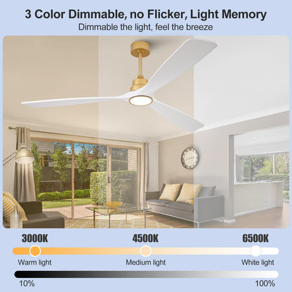 VCQQ 72 Inch Outdoor Ceiling Fans with Lights, Remote Control, Wall Switch, Reversible, Dimmable White and Gold Ceiling Fan with Light, Modern 3 Blade Wood Ceiling Fans for Living Room Patio