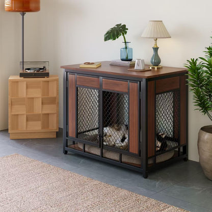 Dog Crate Furniture, 41'' Wooden Dog Kennel Furniture Indoor with Double Doors, Decorative Dog Cage End Table for Medium Large Dogs,Modern Dog Crate with Multi-Purpose Removable Tray,Rustic Brown