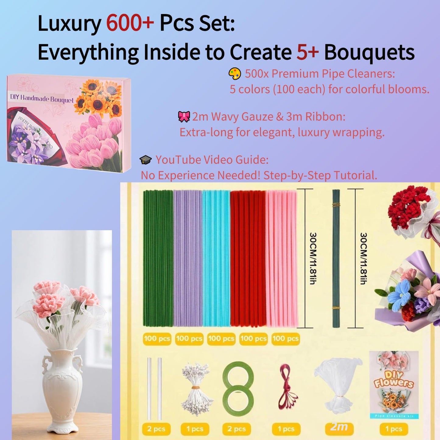 SZXYMUQI 500pcs Pipe Cleaners Craft Kit, 20 Stems DIY Carnation with Wave Gauze & Ribbon - Non Shedding Chenille Stems for Floral Arrangement - Mother's Day Bouquet Crafts for Adult Women