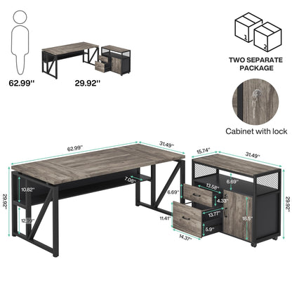 Tribesigns L Shaped Desk with Drawer Cabinet, 63" Executive Computer Desk and lateral File Cabinet, 2 Piece Home Office Furniture with Drawers for Hanging File, Doors with Locks (Gray, 63 inches)