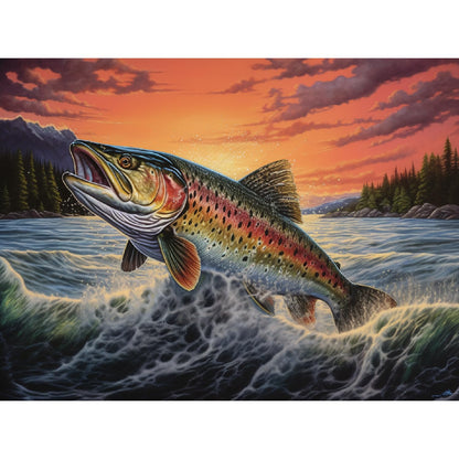 Trout Fish Jump from Water Sunset DIY 5D Diamond Art Painting by Number Kits for Adults Paint with Round Full Drill Diamond Gems Painting Art Craft for Home Wall Decor 11.8x15.8in(1)