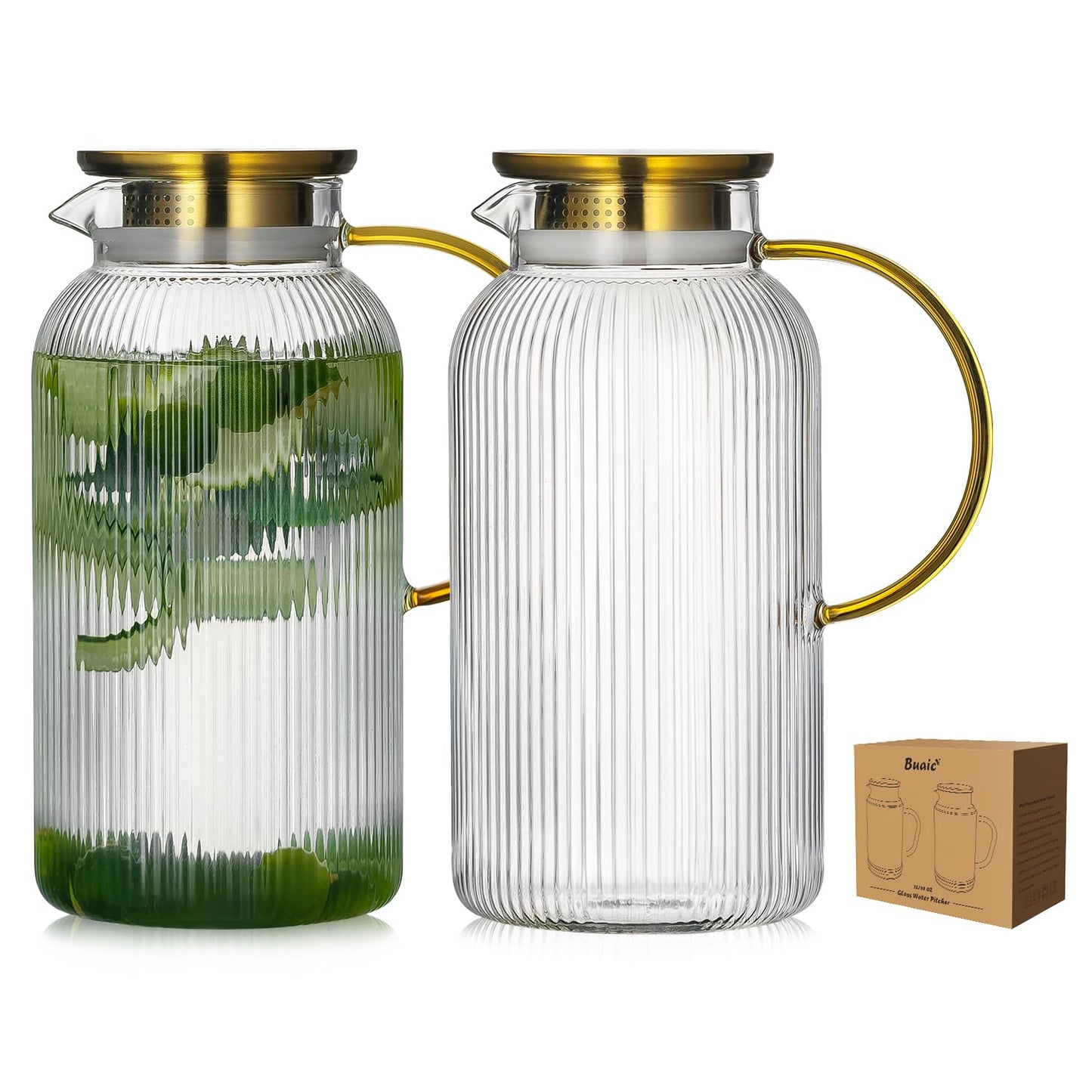 Buaic 2 PACK Glass Pitcher with Lid, 68oz/ 2 Liter Classic Vertical Stripes Water Pitcher with Handle,Glass Water Carafe for Cold Brew, Coffee, Lemonade, Iced Sun Tea,Beverage,Heat Resistant