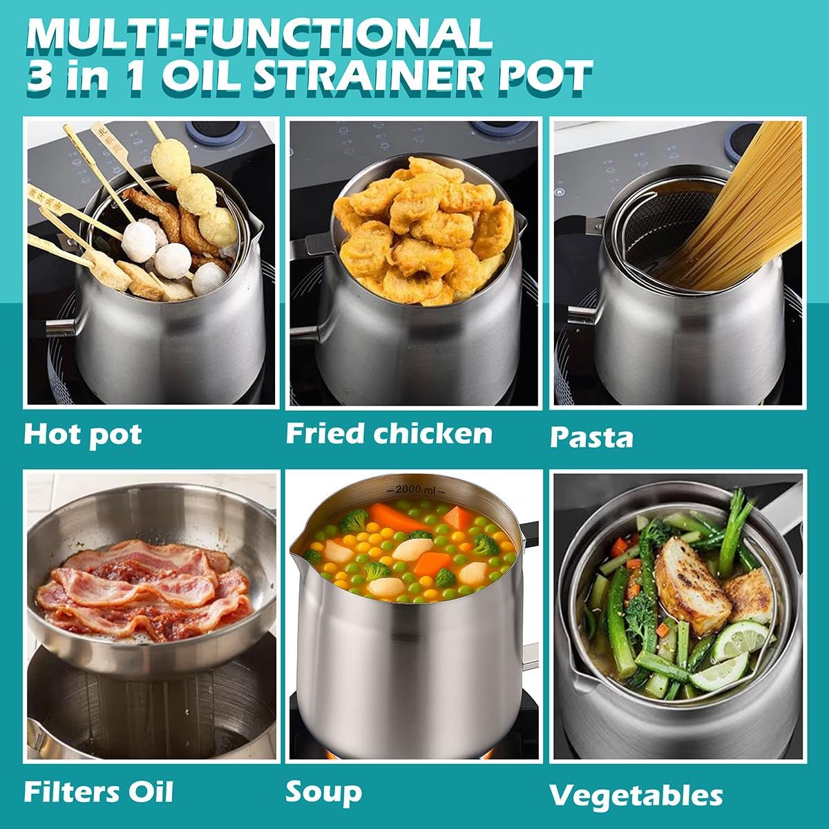 68oz 3-in-1 304 Stainless Steel Oil Filter Pot with Fine Mesh Oil Strainer & Tong, Heat-Resistant Handle, 2LCapacity Bacon Grease Container for Kitchen & Camping,Multi-Functional Frying Oil Container.