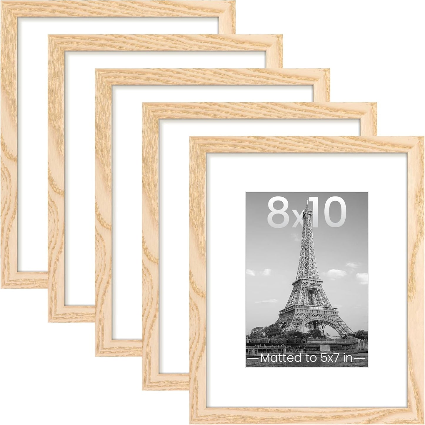 Upsimples 8x10 Picture Frame Set of 5 - Versatile Wall Gallery Frames for 5x7 or 8x10 Photos - Natural Finish