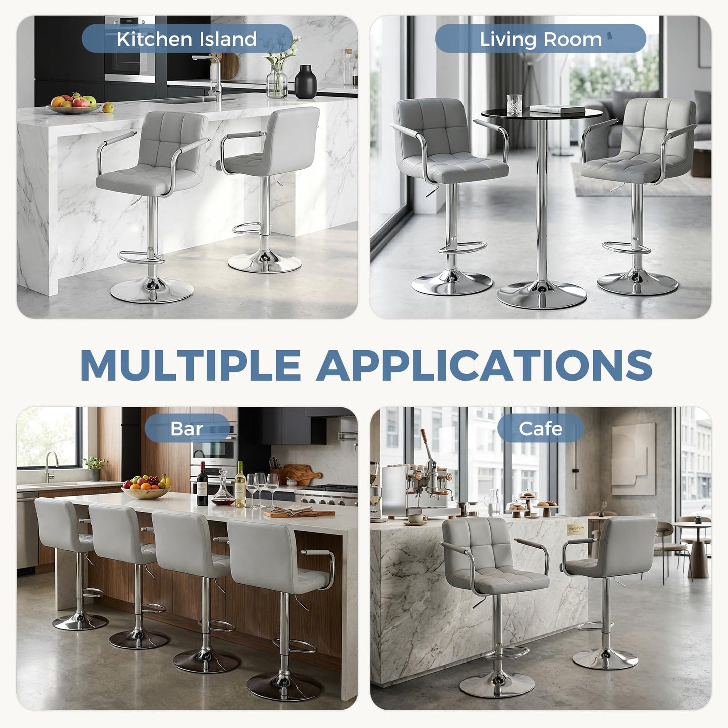 OLIXIS Swivel Bar Stools Set of 4, PU Leather Upholstered Bar Chairs with Back & Armrests, Adjustable Counter Height Stools with Metal Legs for Kitchen Island, Home Bar, Pub, Light Grey