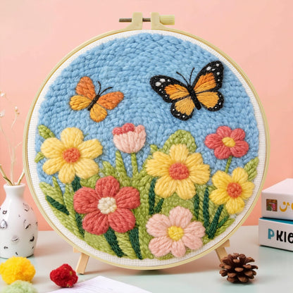 JOZYSH DIY Punch Needle Kits for Beginners Cute Cartoon Butterflies with Spring Flowers with Hoop Embroidery Punch Needle Starter Craft Set Easy for Adults Festival Gift and Decoration