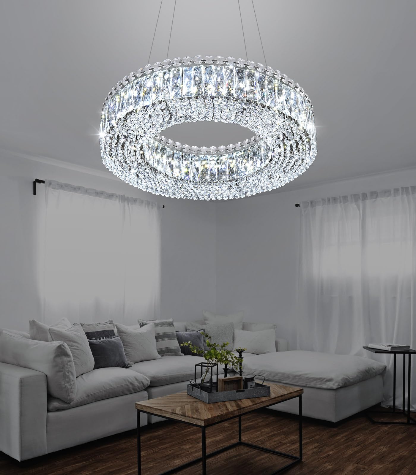 dolria Modern Crystal Pendant Lighting for Dining Room LED Dimmable Chandeliers Crystal Ceiling Light Fixtures for Living Room Foyer Hallway Entryway Silver
