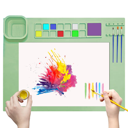SOQKEEN Silicone Painting Mat 20"x16" Paint Mats with Cup Collapsible Non-Stick Craft Mat Playdough Beading Matt for Resin Coloring Drawing Art Crafting Doh Handmade DIY (Green)