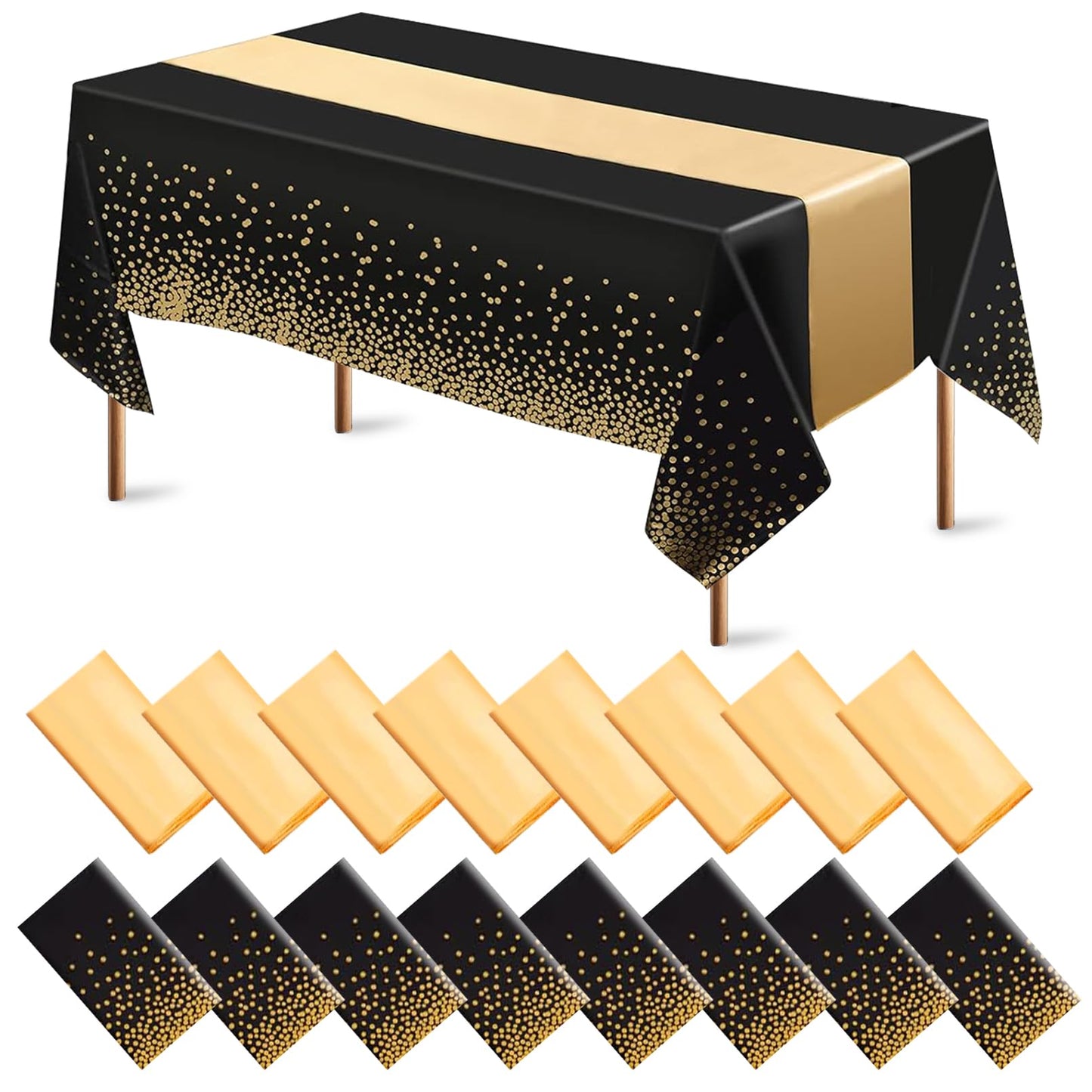 Jeffbaubl 8 Set Tablecloths and Satin Table Runner, 8 Black and Gold Dot Table Cloth 54 x 108 Inch, 8 Gold Satin Runners 11 x 108 Inch, Disposable Plastic Tablecloth for Parties Wedding Birthday