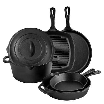 Asderote 6 Piece Pre-Seasoned Cast Iron Cookware Set – Incl. 5QT Dutch Oven with Lid, 8'' and 10.25'' Cast Iron Skillets, 10.5'' Round Griddle, and a Square Grill Pan for Kitchen, Stovetop, & Camping