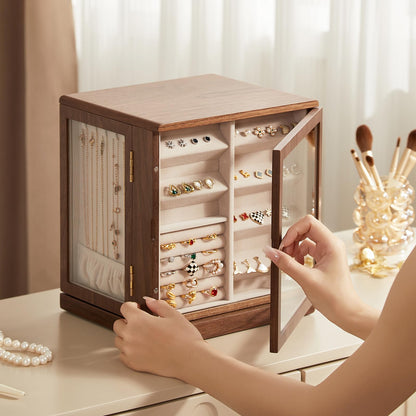 CHOSIN Black Walnut Wooden Jewelry Box, 360° Rotating Organizer with Glass Lid, 5 Drawers for Earrings, Rings, Necklaces – Vertical Jewelry Storage for Women, Ideal Gift for Her