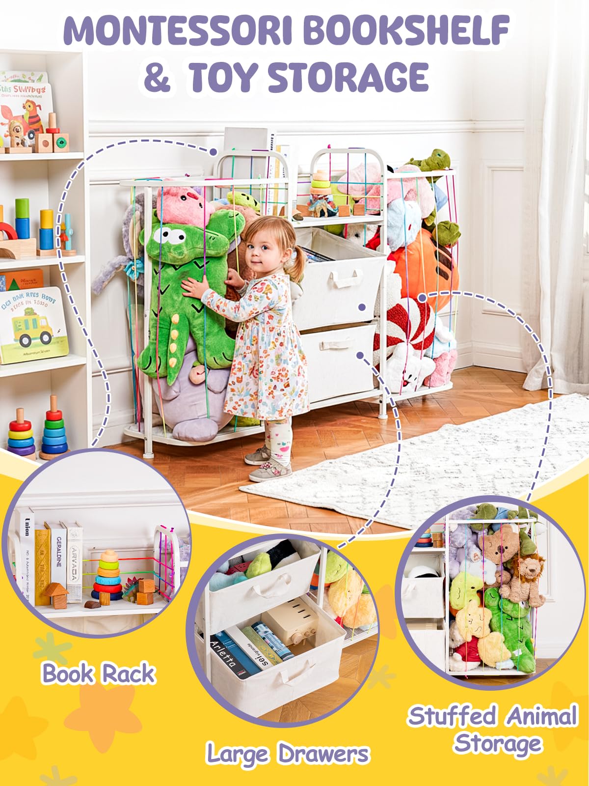 VBABY Kids Bookshelf and Toy Storage, Large 3-in-1 Book Shelf for Kids Rooms, Toddler Stuffed Animal Zoo, Toy Storage Organizer for Playroom, Montessori Bookshelf for Nursery, White