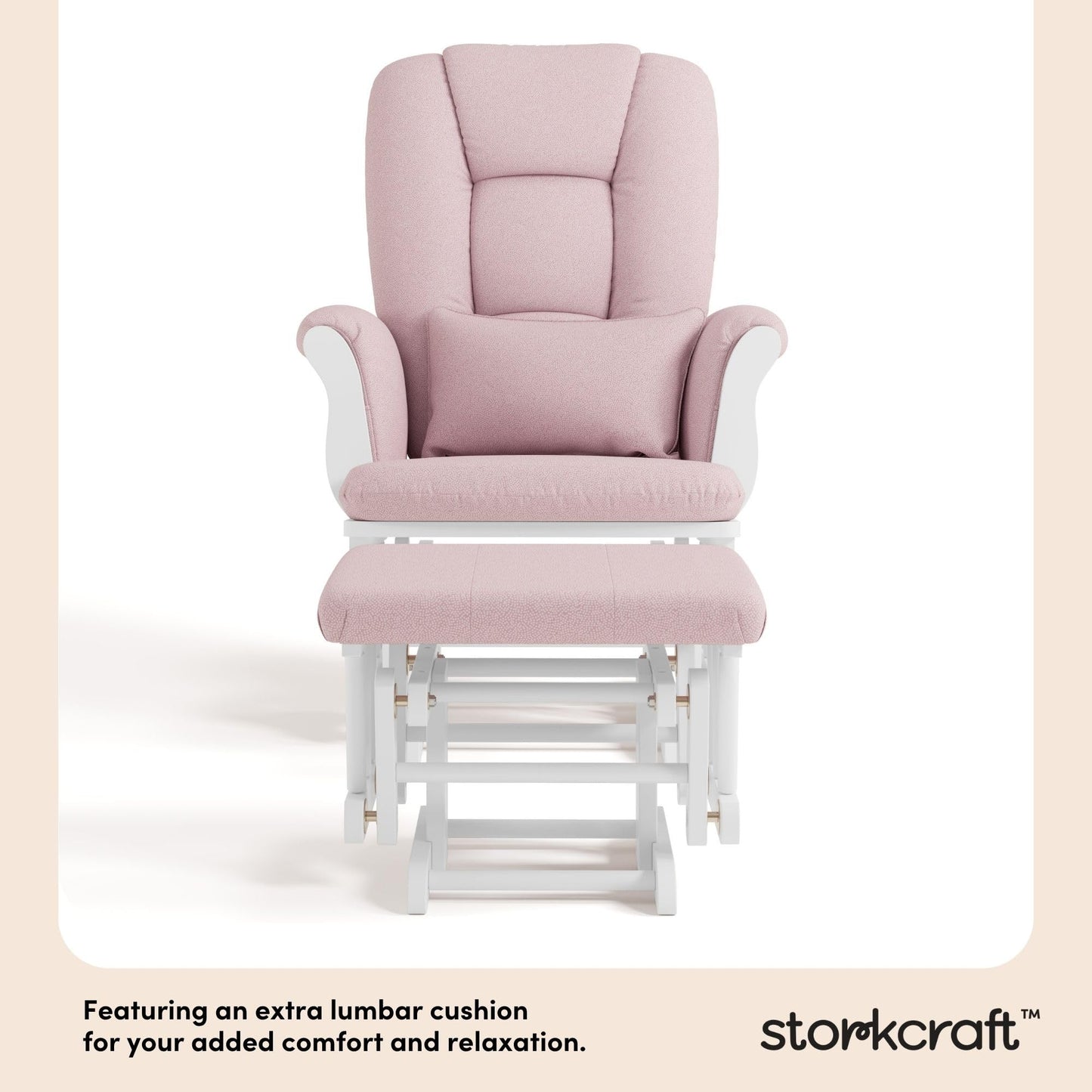 Storkcraft Tuscany Custom Glider and Ottoman with Free Lumbar Pillow (White/Pink Blush Swirl) - Cleanable Upholstered Comfort Rocking Nursery Chair with Ottoman