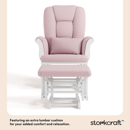 Storkcraft Tuscany Custom Glider and Ottoman with Free Lumbar Pillow (White/Pink Blush Swirl) - Cleanable Upholstered Comfort Rocking Nursery Chair with Ottoman